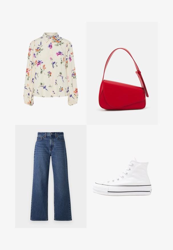 Lille kreemipehme lilleline pluus, millel on pikad puhvli varrukad, millel on lillad, oranžid ja rohelised lillemustrid ning klassikaline kaelus.; Sinine denimist laiad püksid kõrge vöökohaga, millel on nööbist sulgemine, vöökohahark ja klassikaline viie tasku disain.; Valge kõrgem kangast tenniseking, millel on must kummist tald, ees kummist varvasetugi ja kuus aukku paelte jaoks, pakkudes puhta ja minimalistliku disaini.; Punane nahast käekott, millel on nurkadega geomeetriline disain. Omab ühte reguleeritavat rihma ja klappidega sulgemist, millel on õmblustega kaunistused.