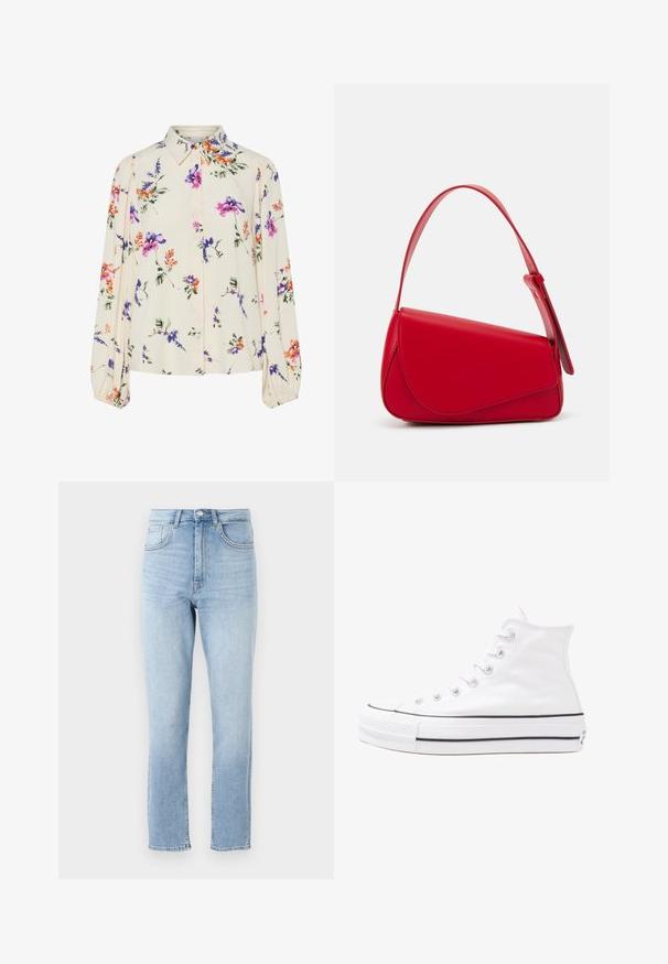 Floral blouse with long puff sleeves, light cream base, featuring purple, orange, and green floral patterns, and classic collar design.; Light blue denim jeans with a high waist, straight legs, five pockets, and subtle fading. Features a button and zipper closure.; White high-top canvas sneaker with black rubber sole, front rubber toe cap, and six eyelets for laces, featuring a clean, minimalist design.; Red leather handbag with an angular, geometric design. Features a single adjustable strap and a flap closure with stitched detailing.