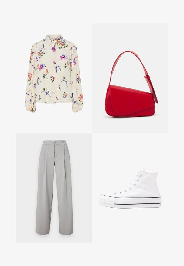 Blumenbluse mit langen Puffärmeln, hellcremefarbenem Grund, mit lila, orangefarbenen und grünen Blumenmustern sowie klassischem Kragen.; Helle graue weite Hosen mit Falten, einem knöpfbaren Bund und einer glatten Stoffstruktur. Gerade geschnittene Beine, die am Saum leicht zulaufen.; Weiße hochwertige Leinensneaker mit schwarzer Gummisohle, vorderem Gummizehenschutz und sechs Ösen für Schnürsenkel, die ein sauberes, minimalistisches Design aufweisen.; Rote Lederhandtasche mit einem kantigen, geometrischen Design. Verfügt über einen verstellbaren Schulterriemen und einen Klappenverschluss mit genähten Details.