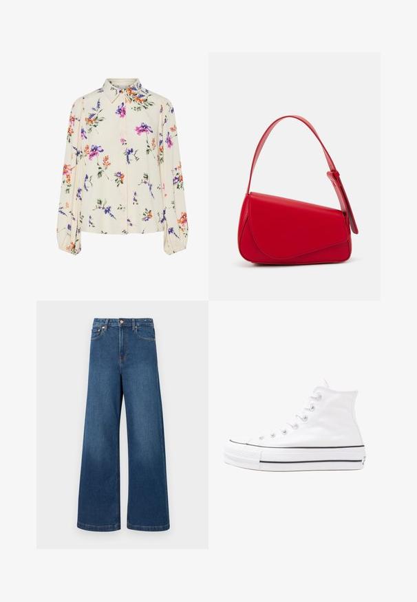 Bluzka w kwiaty z długimi bufkami, w jasnym kremowym kolorze, z fioletowymi, pomarańczowymi i zielonymi wzorami kwiatowymi oraz klasycznym kołnierzykiem.; Jeansy dżinsowe o szerokich nogawkach w ciemnoniebieskim kolorze. Posiadają wysoki stan, zapięcie na guzik oraz klasyczny pięciopocketowy krój z kontrastowym przeszyciem.; Białe wysokie trampki z płótna z czarną gumową podeszwą, przednim czubkiem z gumy i sześcioma dziurkami na sznurowadła, charakteryzujące się prostym, minimalistycznym designem.; Czerwona skórzana torebka o kanciastym, geometrycznym designie. Posiada jedną regulowaną rączkę oraz zapięcie na klapę z przeszyciami.