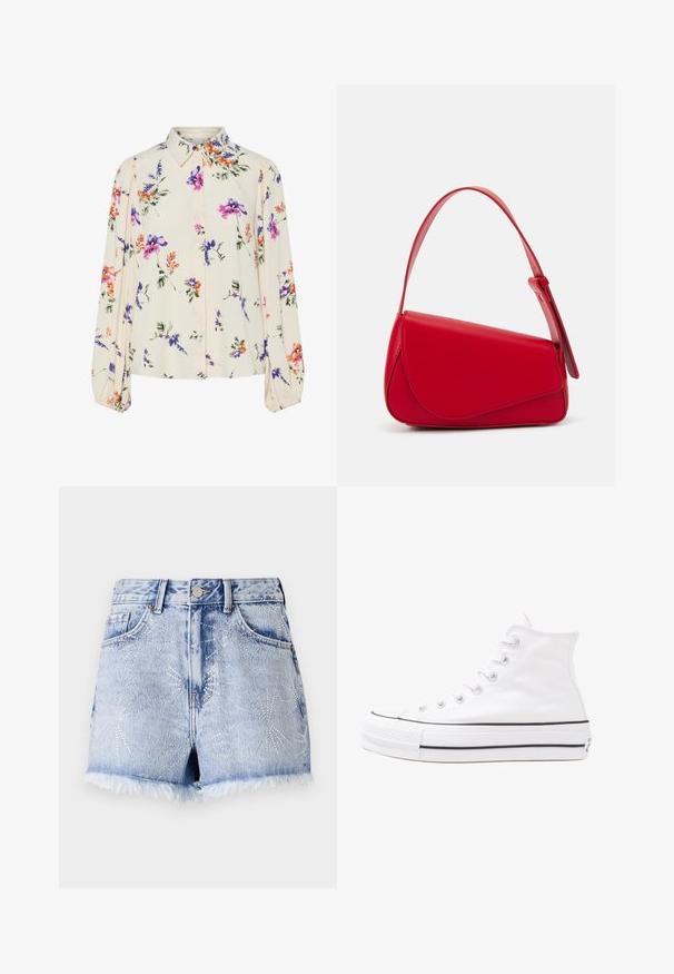 Kukkakuvioinen paita pitkillä puff-hihoilla, vaalean kerma pohja, jossa on violetteja, oransseja ja vihreitä kukkakuoseja sekä klassinen kaulustyyli.; Vaaleansiniset farkkushortsit, joissa on risat helmareunat. Sisältää hopeiset niittikoristeet tähtisateen muodoissa ja perinteisen viiden taskun suunnittelun.; Valkoiset korkeavartiset kangaskengät mustalla kumipohjalla, edessä kuminen varvasosa ja kuusi nauha-aukkoa, puhtaan minimalistisella muotoilulla.; Punainen nahkalaukku, jossa on kulmikas, geometrinen muotoilu. Varustettu yhdellä säädettävällä hihnalla ja läpällä, jossa on ommeltu yksityiskohtia.