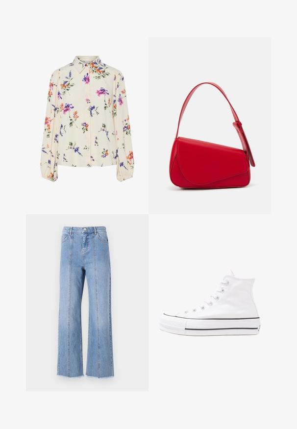 Cvjetna bluza s dugim napuhanim rukavima, svijetlo krem osnova, s ljubičastim, narančastim i zelenim cvjetnim uzorcima, te klasičnim dizajnom ovratnika.; Svijetloplavi traper široki traperice s visokim strukom, prednjim šavovima i sirovim rubom. Sadrži klasično kopčanje na gumb i patentni zatvarač na struku.; Bijela visoka platnena tenisica s crnom gumenom potplatom, prednjim gumenim zaštitnikom prstiju i šest rupa za vezanje, s čistim, minimalističkim dizajnom.; Crvena kožna torba s kutnim, geometrijskim dizajnom. Ima jedan podesivi remen i preklopni zatvarač sa šivenim detaljima.