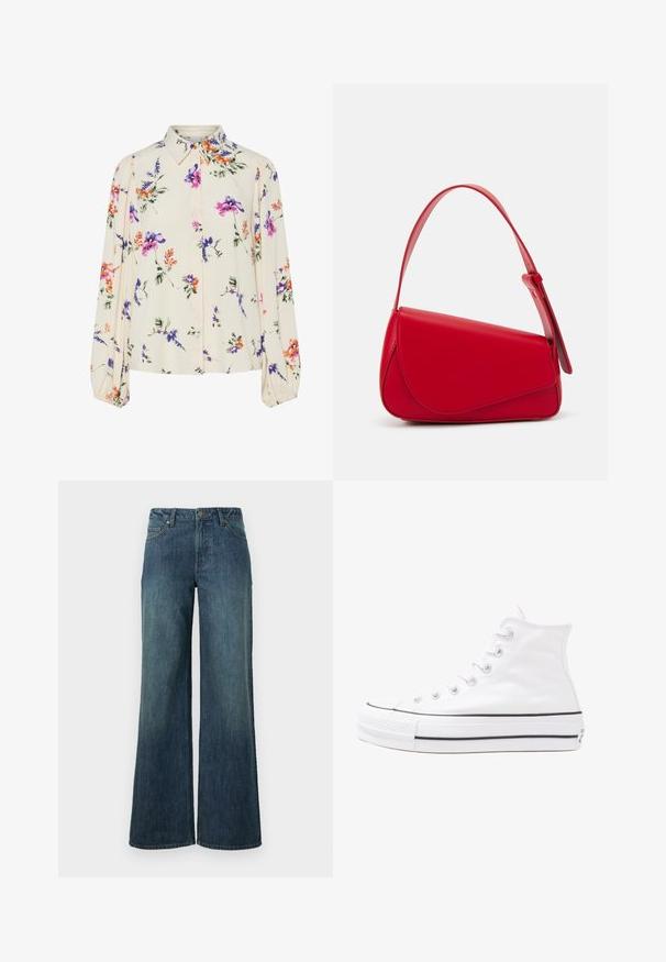 Gėlių bluzonas su ilgomis pūkuotomis rankovėmis, šviesiai kreminiu pagrindu, su violetiniais, oranžiniais ir žaliais gėlių raštais bei klasikiniu apykaklės dizainu.; Plačios kojų džinsai tamsiai mėlynos džinsinio audinio su išblukusiu skalbimu. Yra penki kišenės, diržo kilpos ir užtrauktukas su mygtuko uždarymu.; Balti aukštakulniai drobės sportbačiai su juodu guminio pado, priekinio guminio piršto dangteliu ir šešiais akytėmis raištams, pasižymintys švariu, minimalistiniu dizainu.; Raudona odinė rankinė su kampuota, geometrine forma. Pasižymi viena reguliuojama dirželiu ir dangteliu su siuvinėtais dekoracijomis.