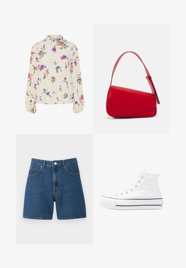 Gėlių bluzonas su ilgomis pūkuotomis rankovėmis, šviesiai kreminiu pagrindu, su violetiniais, oranžiniais ir žaliais gėlių raštais bei klasikiniu apykaklės dizainu.; Tamsiai mėlyni džinsiniai šortai, pasižymintys klasikinio penkių kišenių dizainu, mygtukiniu užsegimu ir tiesiu kirpimu su minimaliais siuvimo detalėmis.; Balti aukštakulniai drobės sportbačiai su juodu guminio pado, priekinio guminio piršto dangteliu ir šešiais akytėmis raištams, pasižymintys švariu, minimalistiniu dizainu.; Raudona odinė rankinė su kampuota, geometrine forma. Pasižymi viena reguliuojama dirželiu ir dangteliu su siuvinėtais dekoracijomis.