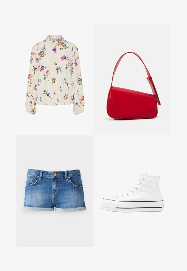 Blusa floral com mangas bufantes longas, base de creme claro, apresentando padrões florais em roxo, laranja e verde, e design de gola clássica.; Calções de ganga azuis com bainha dobrada, apresentando dois bolsos frontais, fecho com botão e detalhes de costura em contraste.; Sapatilha alta de tela branca com sola de borracha preta, bico de borracha na frente e seis ilhós para os atacadores, apresentando um design limpo e minimalista.; Bolsa de mão em couro vermelho com um design angular e geométrico. Apresenta uma única alça ajustável e um fecho com aba, com detalhes cosidos.