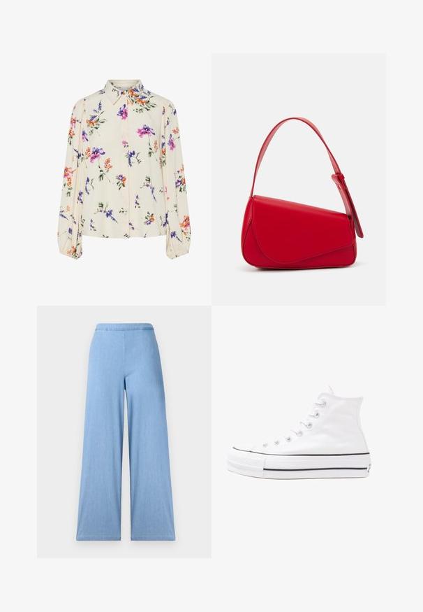 Bloes met bloemenprint en lange pofmouwen, lichte crème basis, met paarse, oranje en groene bloemmotieven, en een klassiek kraagontwerp.; Lichtblauwe wijde jeans van denim, met een hoge taille, een soepele textuur en zonder zichtbare zakken of versieringen aan de voorkant.; Witte high-top canvas sneakers met een zwarte rubberen zool, een rubberen neuskap aan de voorkant en zes gaatjes voor veters, met een schone, minimalistische uitstraling.; Rode leren handtas met een hoekig, geometrisch ontwerp. Beschikt over een enkele verstelbare schouderriem en een klepclosure met gestikte details.