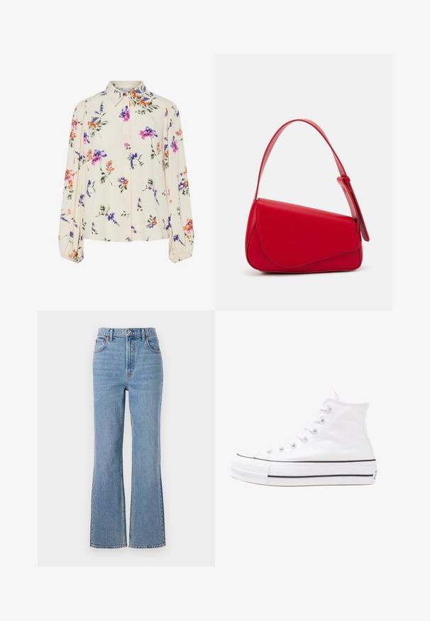 Kukkakuvioinen paita pitkillä puff-hihoilla, vaalean kerma pohja, jossa on violetteja, oransseja ja vihreitä kukkakuoseja sekä klassinen kaulustyyli.; Abercrombie & Fitch FRONT TO BACK TONAL STRAIGHT - Relaxed fit -farkut - blue denim; Valkoiset korkeavartiset kangaskengät mustalla kumipohjalla, edessä kuminen varvasosa ja kuusi nauha-aukkoa, puhtaan minimalistisella muotoilulla.; Punainen nahkalaukku, jossa on kulmikas, geometrinen muotoilu. Varustettu yhdellä säädettävällä hihnalla ja läpällä, jossa on ommeltu yksityiskohtia.