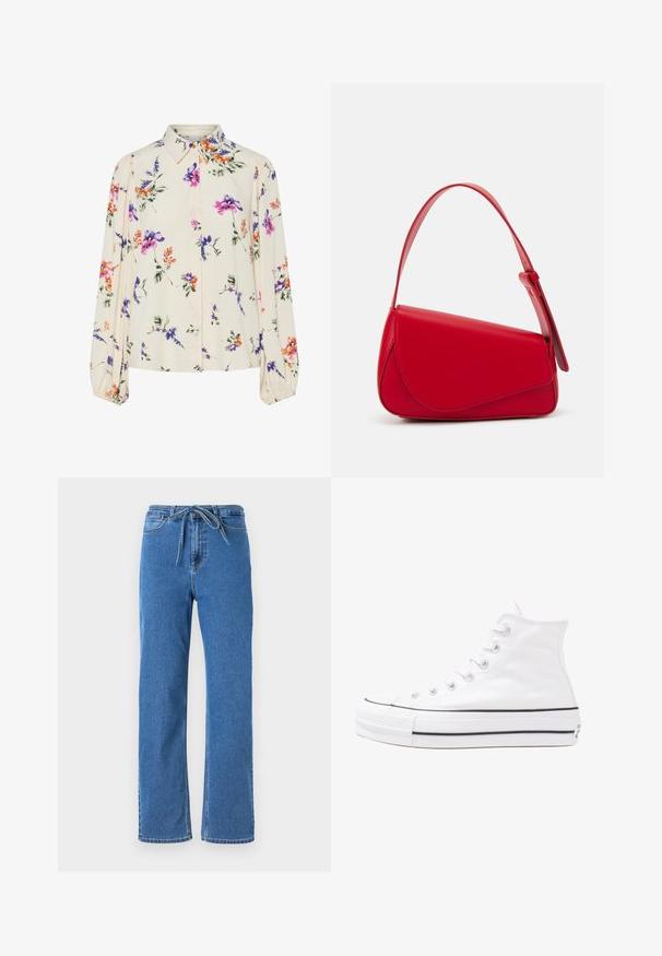 Blusa floral com mangas bufantes longas, base de creme claro, apresentando padrões florais em roxo, laranja e verde, e design de gola clássica.; Jeans em denim azul com um corte relaxado, apresentando uma cintura com cordão, pernas retas e detalhes de costura clássicos. Sem adornos.; Sapatilha alta de tela branca com sola de borracha preta, bico de borracha na frente e seis ilhós para os atacadores, apresentando um design limpo e minimalista.; Bolsa de mão em couro vermelho com um design angular e geométrico. Apresenta uma única alça ajustável e um fecho com aba, com detalhes cosidos.