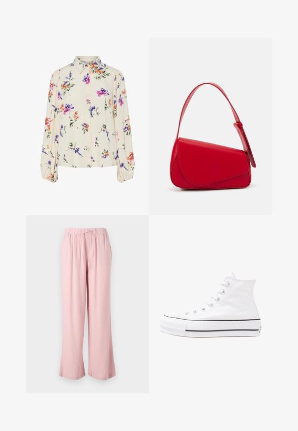 Blouse fleurie à manches bouffantes longues, base crème clair, ornée de motifs floraux violets, oranges et verts, avec un col classique.; Pantalon large rose clair en tissu doux, avec une taille élastique dotée d'un cordon de serrage. Le design a une coupe décontractée et des jambes droites.; Baskets montantes en toile blanche avec semelle en caoutchouc noir, capuchon en caoutchouc à l'avant, et six œillets pour les lacets, présentant un design épuré et minimaliste.; Sac à main en cuir rouge avec un design angulaire et géométrique. Il dispose d'une seule sangle ajustable et d'une fermeture à rabat avec un detailing cousu.