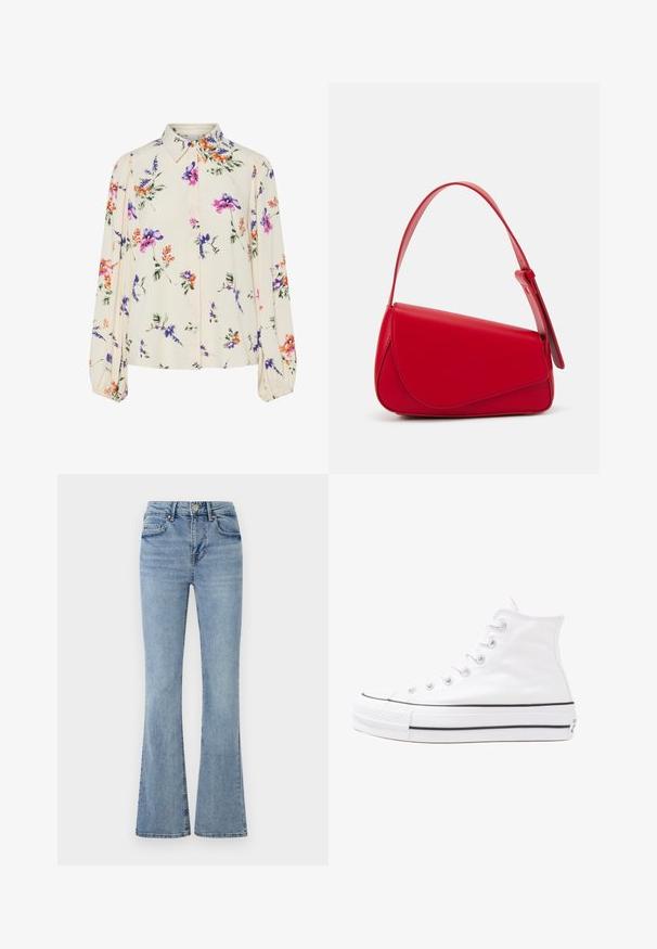 Blusa floral com mangas bufantes longas, base de creme claro, apresentando padrões florais em roxo, laranja e verde, e design de gola clássica.; Jeans de ganga de tom azul claro, com alta cintura, fecho frontal por botão e zip, cinco bolsos e pernas ligeiramente largas.; Sapatilha alta de tela branca com sola de borracha preta, bico de borracha na frente e seis ilhós para os atacadores, apresentando um design limpo e minimalista.; Bolsa de mão em couro vermelho com um design angular e geométrico. Apresenta uma única alça ajustável e um fecho com aba, com detalhes cosidos.