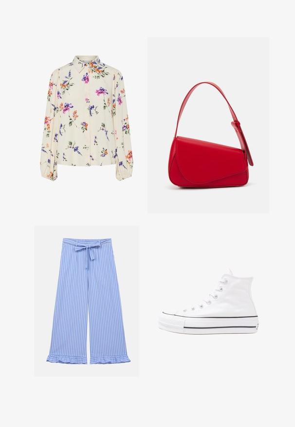 Bluză florală cu mâneci lungi și puff, bază de crem deschis, cu modele florale în nuanțe de violet, portocaliu și verde, și design cu guler clasic.; Pantaloni evazați de culoare bleu deschis, cu dungi verticale albe, având un cordon din material la talie și margini volanate. Textură ușoară, netedă.; Adidași albi tip pantofi sport cu glezna din pânză, cu talpă din cauciuc negru, capac de vârf din cauciuc frontal și șase ochiuri pentru șireturi, având un design curat și minimalist.; Geantă de mână din piele roșie, cu un design unghiular și geometric. Dispune de o singură curea ajustabilă și un sistem de închidere cu clapetă, cu detalii cusute.