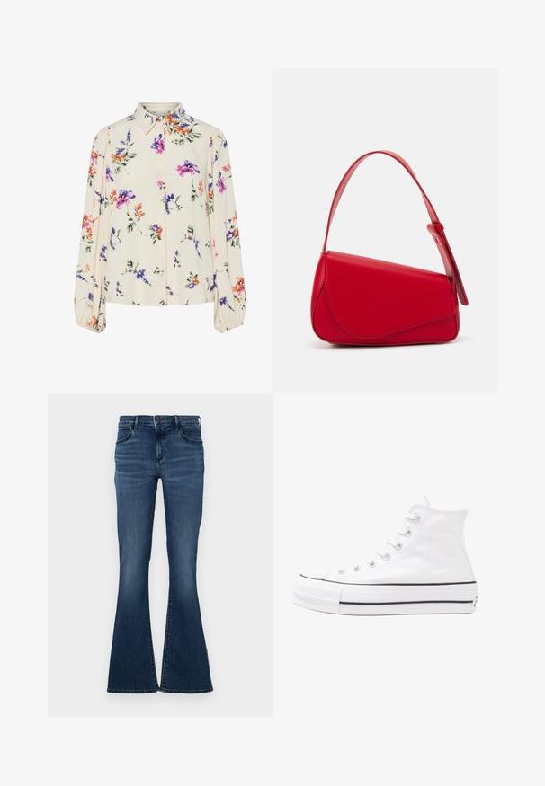 Blumenbluse mit langen Puffärmeln, hellcremefarbenem Grund, mit lila, orangefarbenen und grünen Blumenmustern sowie klassischem Kragen.; Dunkelblaue Schlagjeans mit einem Fünf-Taschen-Design, aus Denimmaterial, einem Bund mit Knopfverschluss und dezentem Verblassen an der Vorderseite.; Weiße hochwertige Leinensneaker mit schwarzer Gummisohle, vorderem Gummizehenschutz und sechs Ösen für Schnürsenkel, die ein sauberes, minimalistisches Design aufweisen.; Rote Lederhandtasche mit einem kantigen, geometrischen Design. Verfügt über einen verstellbaren Schulterriemen und einen Klappenverschluss mit genähten Details.