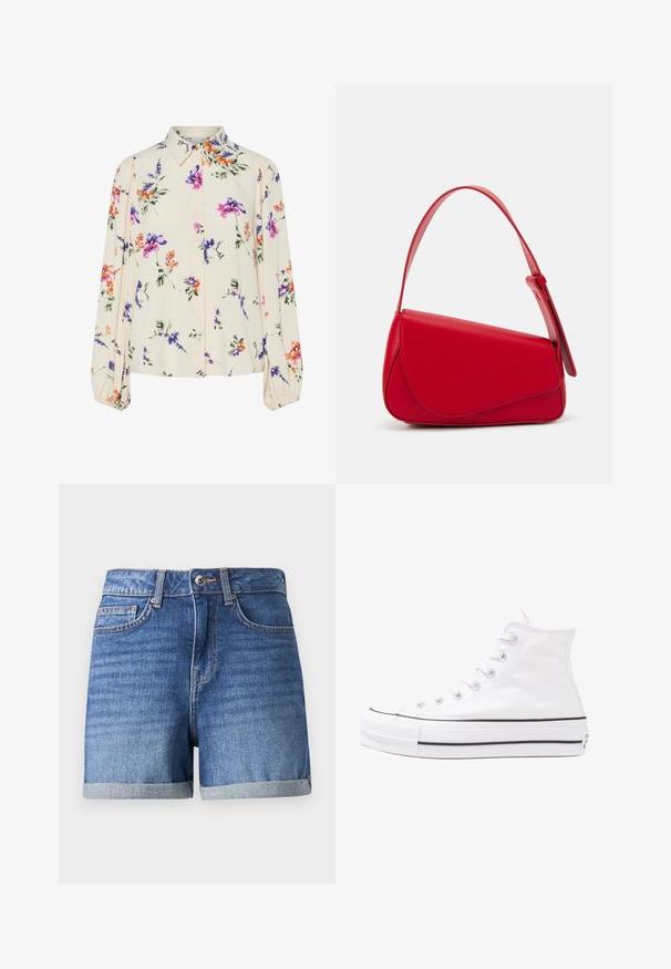 Blusa floral com mangas bufantes longas, base de creme claro, apresentando padrões florais em roxo, laranja e verde, e design de gola clássica.; Calças de ganga curtas em azul desbotado com uma bainha dobrada. Apresentam um fecho de correr, bolsos frontais e uma textura subtil. Fecho de botão na cintura.; Sapatilha alta de tela branca com sola de borracha preta, bico de borracha na frente e seis ilhós para os atacadores, apresentando um design limpo e minimalista.; Bolsa de mão em couro vermelho com um design angular e geométrico. Apresenta uma única alça ajustável e um fecho com aba, com detalhes cosidos.