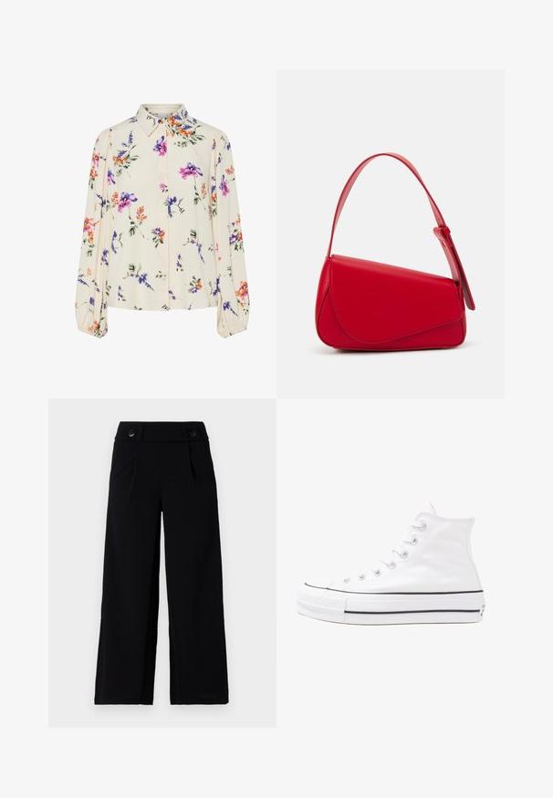 Blommig blus med långa puffärmar, ljus krämfärgad bas, med lila, orange och gröna blommönster, samt klassisk krage.; Svarta vida byxor med platt fram, sidofickor och två knappar i midjan. Slät tyg med en subtil lyster.; Vit hög topp canvas sneaker med svart gummisulan, framsidan gummitåhätta och sex öglor för snören, med en ren, minimalistisk design.; Röd läderhandväska med en vinkelrät, geometrisk design. Har ett justerbart axelband och en klaffstängning med sydda detaljer.