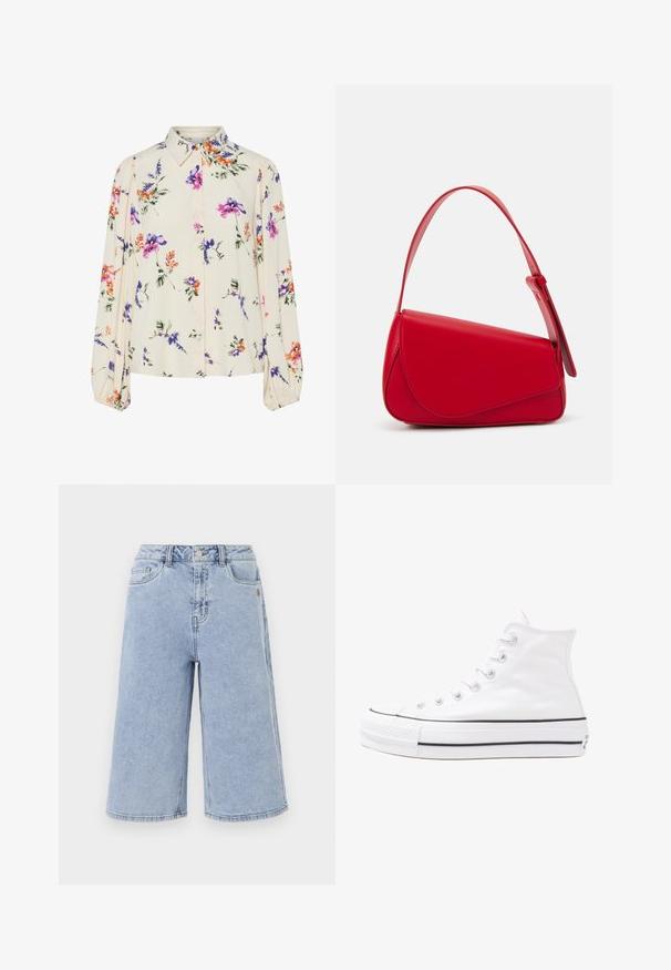 Gėlių bluzonas su ilgomis pūkuotomis rankovėmis, šviesiai kreminiu pagrindu, su violetiniais, oranžiniais ir žaliais gėlių raštais bei klasikiniu apykaklės dizainu.; Object OBJISR BERMUDA - Džinsiniai šortai - medium blue denim; Balti aukštakulniai drobės sportbačiai su juodu guminio pado, priekinio guminio piršto dangteliu ir šešiais akytėmis raištams, pasižymintys švariu, minimalistiniu dizainu.; Raudona odinė rankinė su kampuota, geometrine forma. Pasižymi viena reguliuojama dirželiu ir dangteliu su siuvinėtais dekoracijomis.
