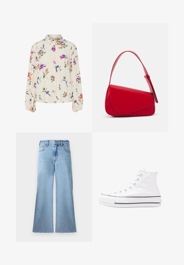 Bluzka w kwiaty z długimi bufkami, w jasnym kremowym kolorze, z fioletowymi, pomarańczowymi i zielonymi wzorami kwiatowymi oraz klasycznym kołnierzykiem.; Jasnoniebieskie, szerokie dżinsy wykonane z denimu o teksturowanym wykończeniu. Posiadają średni stan i surowe wykończenie dołu.; Białe wysokie trampki z płótna z czarną gumową podeszwą, przednim czubkiem z gumy i sześcioma dziurkami na sznurowadła, charakteryzujące się prostym, minimalistycznym designem.; Czerwona skórzana torebka o kanciastym, geometrycznym designie. Posiada jedną regulowaną rączkę oraz zapięcie na klapę z przeszyciami.