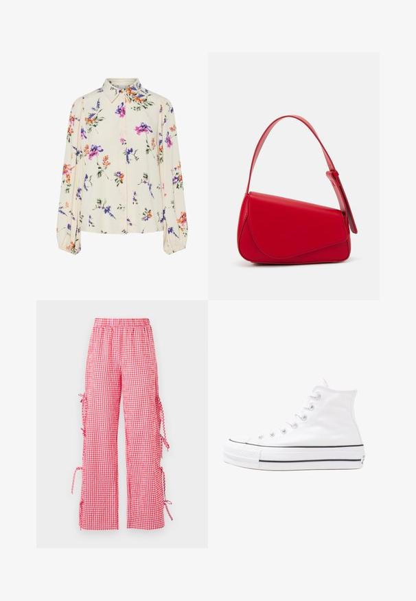 Kvetinová blúzka s dlhými puff rukávmi, svetlovo krémovej farby, so vzormi kvetov v purpurovej, oranžovej a zelenej farbe, a klasickým dizajnom goliera.; Červené a biele kárované nohavice s voľným strihom, s elastickým pásom a viazaním na bokoch pre nastaviteľnú dĺžku.; Biele vysoké plátené tenisky s čiernou gumovou podošvou, prednou gumovou špičkou a šiestimi okami na šnúrky, s čistým, minimalistickým dizajnom.; Červená kožená kabelka s ostrým, geometrickým dizajnom. Má jeden nastaviteľný popruh a uzatváranie na klopu so šitím.