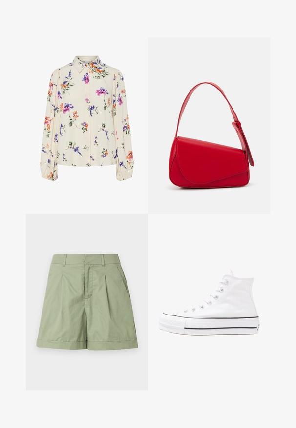 Virágmintás blúz hosszú puffos ujjakkal, világos krém alapon, lila, narancs és zöld virágmintázattal, klasszikus gallér dizájnnal.; Zöld pamut rövidnadrág, plisszírozott elülső résszel, felgörgetett szegéllyel és oldalsó zsebekkel. Simább textúra és szabott illeszkedés a kényelmes viselet érdekében.; Fehér magaskorsó vászon sportcipő fekete gumi talppal, elülső gumi orrnyereggel és hat fűzőlyukkal, letisztult, minimalista dizájnnal.; Piros bőr kézitáska szögletes, geometrikus kialakítással. Egy állítható pánttal és varrott részletekkel ellátott fedélzárral rendelkezik.