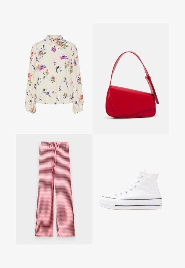 Blusa floral com mangas bufantes longas, base de creme claro, apresentando padrões florais em roxo, laranja e verde, e design de gola clássica.; Gina Tricot STRIPED TROUSERS - Calças - white/red; Sapatilha alta de tela branca com sola de borracha preta, bico de borracha na frente e seis ilhós para os atacadores, apresentando um design limpo e minimalista.; Bolsa de mão em couro vermelho com um design angular e geométrico. Apresenta uma única alça ajustável e um fecho com aba, com detalhes cosidos.