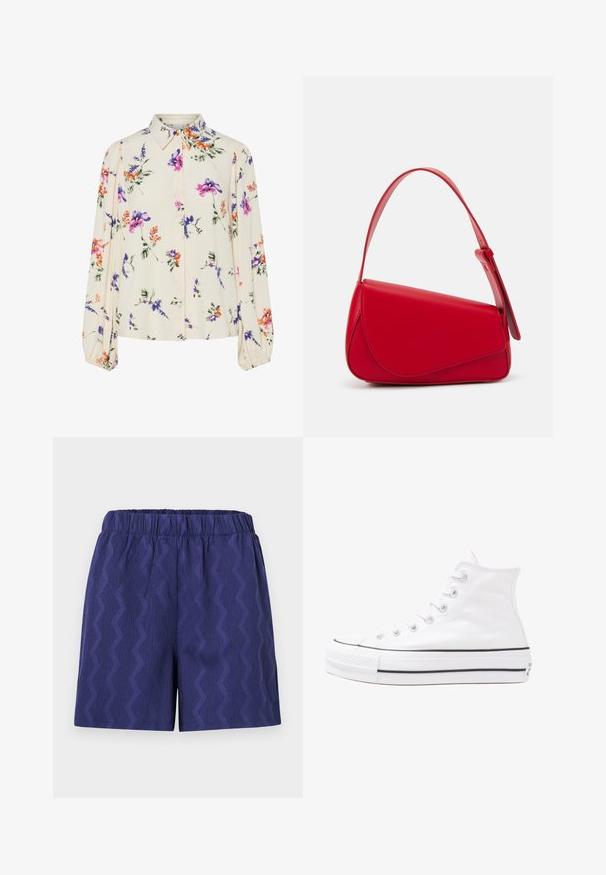 Blusa floreale con maniche puff lunghe, base di un chiaro crema, caratterizzata da motivi floreali in viola, arancione e verde, con un classico design del colletto.; Pantaloni corti blu navy con un motivo a zigzag testurizzato, dotati di una vita elastica per il massimo comfort e una vestibilità rilassata. Realizzati in tessuto leggero.; Sneaker alta in tela bianca con suola in gomma nera, punta in gomma frontale e sei asole per i lacci, caratterizzata da un design pulito e minimalista.; Borsa a tracolla in pelle rossa con un design angolare e geometrico. Presenta una singola tracolla regolabile e una chiusura a patta con dettagli cuciti.