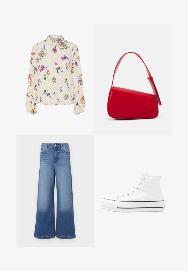 Cvetna bluzica z dolgimi puff rokavi, svetlo smetanaste barve, s purpurnimi, oranžnimi in zelenimi cvetličnimi vzorci ter klasičnim ovratnikom.; Široke traperice v svetlo modrem jeansu. Imajo visok pas, pet žepov in subtilno zbledelo obrobo. Klasični šivi.; Beli visoki platneni športni čevelj z črnim gumijastim podplatom, sprednjim gumijastim zaščitnikom za prste in šestimi luknjicami za vezalke, ki se ponaša s preprostim, minimalističnim dizajnom.; Rdeča usnjena torba z angularnim, geometrijskim dizajnom. Ima en samostoječ nastavljiv ročaj in pokrov, zaprt z zapiranjem, ki je okrašen s šivi.