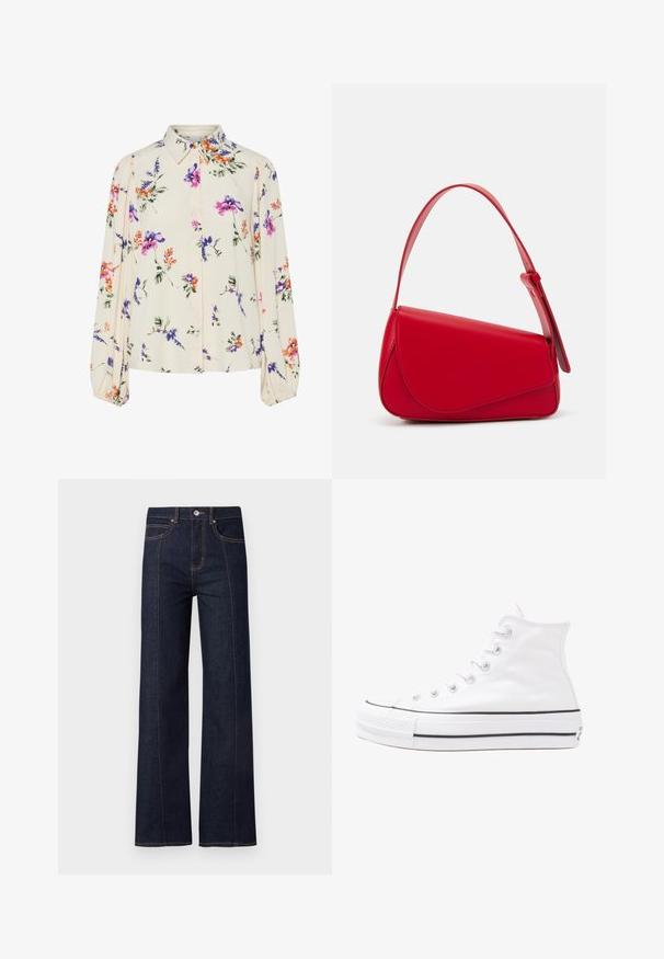 Cvetna bluzica z dolgimi puff rokavi, svetlo smetanaste barve, s purpurnimi, oranžnimi in zelenimi cvetličnimi vzorci ter klasičnim ovratnikom.; Temno modri denim širokoleg jeans s visokim pasom, z kontrastnimi oranžnimi šivi in petimi žepi. Ravna sprednja stran z gumbnim zapiranjem.; Beli visoki platneni športni čevelj z črnim gumijastim podplatom, sprednjim gumijastim zaščitnikom za prste in šestimi luknjicami za vezalke, ki se ponaša s preprostim, minimalističnim dizajnom.; Rdeča usnjena torba z angularnim, geometrijskim dizajnom. Ima en samostoječ nastavljiv ročaj in pokrov, zaprt z zapiranjem, ki je okrašen s šivi.