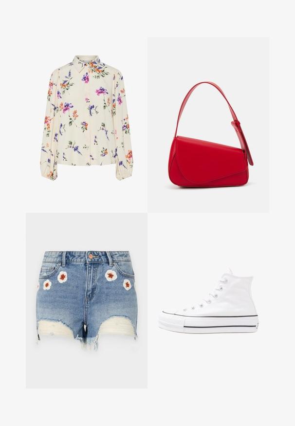 Blusa floral con mangas largas abullonadas, base color crema claro, con patrones florales en púrpura, naranja y verde, y diseño de cuello clásico.; Shorts de mezclilla con dobladillo deshilachado, color azul claro, con bordados florales en blanco y marrón alrededor del frente. Diseño de cinco bolsillos.; Zapatilla de lona alta blanca con suela de goma negra, puntera de goma frontal y seis ojetes para los cordones, que presenta un diseño limpio y minimalista.; Bolso de cuero rojo con un diseño angular y geométrico. Cuenta con una única correa ajustable y un cierre de solapa con detalles de costura.