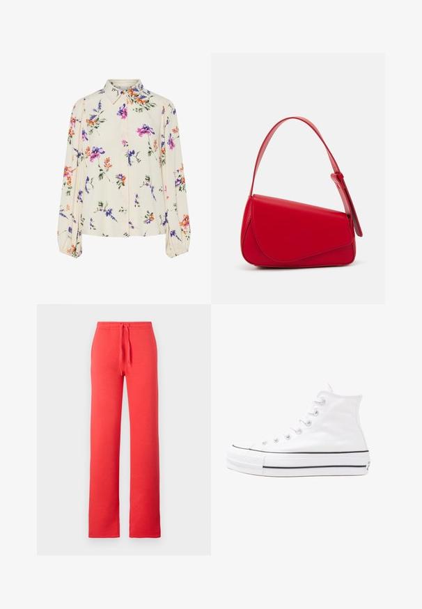 Λουλουδάτη μπλούζα με μακριά φουσκωτά μανίκια, σε απαλό κρέμ χρώμα, που διαθέτει μωβ, πορτοκαλί και πράσινα λουλουδάτα μοτίβα, καθώς και κλασικό σχέδιο γιακά.; Κόκκινες φόρμες από μαλακό ύφασμα, με ελαστική μέση και κορδόνι, ίσια πόδια και χωρίς τσέπες ή επιπλέον σχέδια.; Λευκό ψηλό καμβαδάκι αθλητικό παπούτσι με μαύρη καουτσούκ σόλα, πρόσθιο καουτσούκ καλύμματος δακτύλου και έξι οπές για κορδόνια, με μια καθαρή και μίνιμαλ σχεδίαση.; Κόκκινη δερμάτινη τσάντα χειρός με γωνιακό, γεωμετρικό σχέδιο. Διαθέτει έναν ρυθμιζόμενο ιμάντα και κλείσιμο με καπάκι που έχει ραφές.
