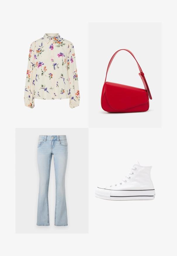 Λουλουδάτη μπλούζα με μακριά φουσκωτά μανίκια, σε απαλό κρέμ χρώμα, που διαθέτει μωβ, πορτοκαλί και πράσινα λουλουδάτα μοτίβα, καθώς και κλασικό σχέδιο γιακά.; Ανοιχτό μπλε τζιν φλοράλ σε υλικό τζιν με φθαρμένη εμφάνιση, πέντε τσέπες και ραφές κατά μήκος των ραφών και της μέσης.; Λευκό ψηλό καμβαδάκι αθλητικό παπούτσι με μαύρη καουτσούκ σόλα, πρόσθιο καουτσούκ καλύμματος δακτύλου και έξι οπές για κορδόνια, με μια καθαρή και μίνιμαλ σχεδίαση.; Κόκκινη δερμάτινη τσάντα χειρός με γωνιακό, γεωμετρικό σχέδιο. Διαθέτει έναν ρυθμιζόμενο ιμάντα και κλείσιμο με καπάκι που έχει ραφές.