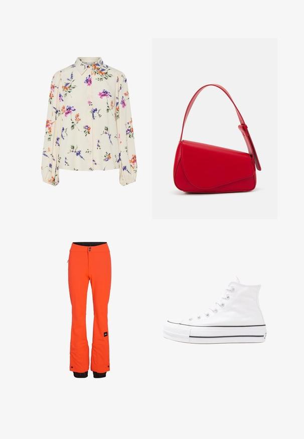 Květnatá blůza s dlouhými balónovými rukávy, světle krémové barvy, s fialovými, oranžovými a zelenými květinovými vzory a klasickým límečkem.; Světlé oranžové lyžařské kalhoty s úzkým střihem, vybavené zipovou kapsou, vyztuženými lemy a nastavitelnými knoflíky na pase. Černá vnitřní podšívka.; Bílé vysoké plátěné tenisky s černou gumovou podrážkou, přední gumovou špičkou a šesti očky na tkaničky, se čistým, minimalistickým designem.; Červená kožená kabelka s ostrým, geometrickým designem. Má jeden nastavitelný popruh a klopu s prošívanými detaily.