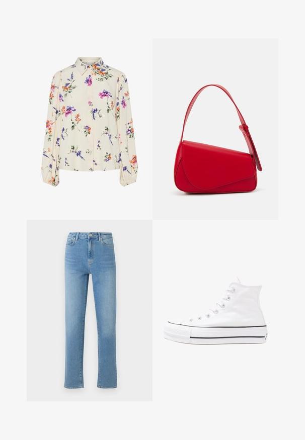 Blomstrete bluse med lange pufferm, lys kremfarge, med lilla, oransje og grønne blomster mønstre, og klassisk kragedesign.; Lyseblå denimjeans med rett snitt, fem lommer og en falmet finish. Har metallknapp og glidelås i livet.; Hvit høy-skinn kanvas sneakers med svart gummisåle, gummitåhette foran og seks hull for snorer, med et rent, minimalistisk design.; Rød lærveske med en vinklet, geometrisk design. Har en enkelt justerbar stropp og en klaffelukking med sydd detaljer.