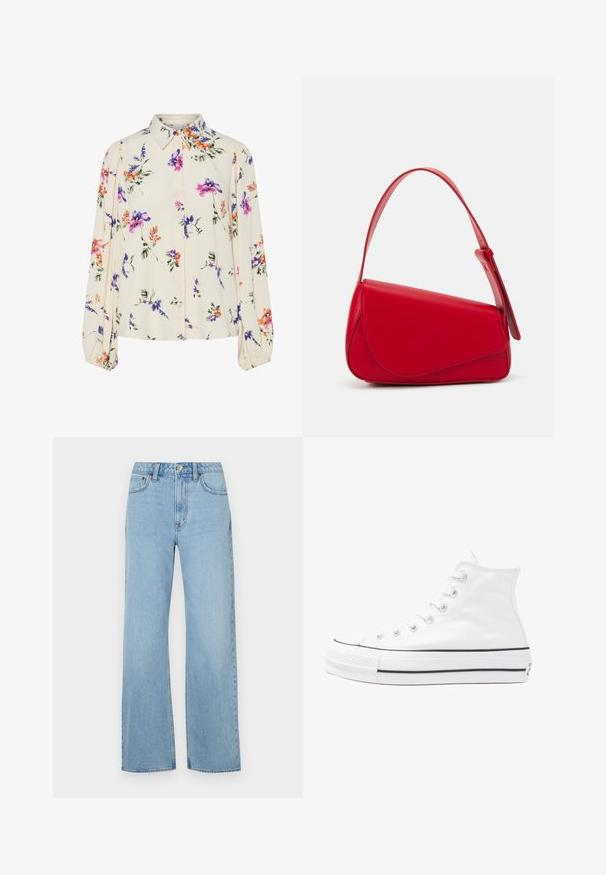 Cvetna bluzica z dolgimi puff rokavi, svetlo smetanaste barve, s purpurnimi, oranžnimi in zelenimi cvetličnimi vzorci ter klasičnim ovratnikom.; Abercrombie & Fitch Curve Love High Rise 90s Relaxed Jean - Široke hlačnice - med/light; Beli visoki platneni športni čevelj z črnim gumijastim podplatom, sprednjim gumijastim zaščitnikom za prste in šestimi luknjicami za vezalke, ki se ponaša s preprostim, minimalističnim dizajnom.; Rdeča usnjena torba z angularnim, geometrijskim dizajnom. Ima en samostoječ nastavljiv ročaj in pokrov, zaprt z zapiranjem, ki je okrašen s šivi.