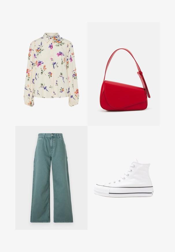 Blomsterbluse med lange puffærmer, lys cremefarvet base, prydet med lilla, orange og grønne blomster mønstre samt klassisk krave design.; Bredde bukser i en teal farve, med høj talje, knaplukning og sidelommer. Fremstillet af et glat, slidstærkt stof.; Hvide høje kanvas sneakers med sort gummisål, gummitåhætte foran og seks øjehuller til snørebånd, der har et rent, minimalistisk design.; Rød læderhåndtaske med et kantet, geometrisk design. Har en enkelt justerbar rem og en klaplukning med syede detaljer.