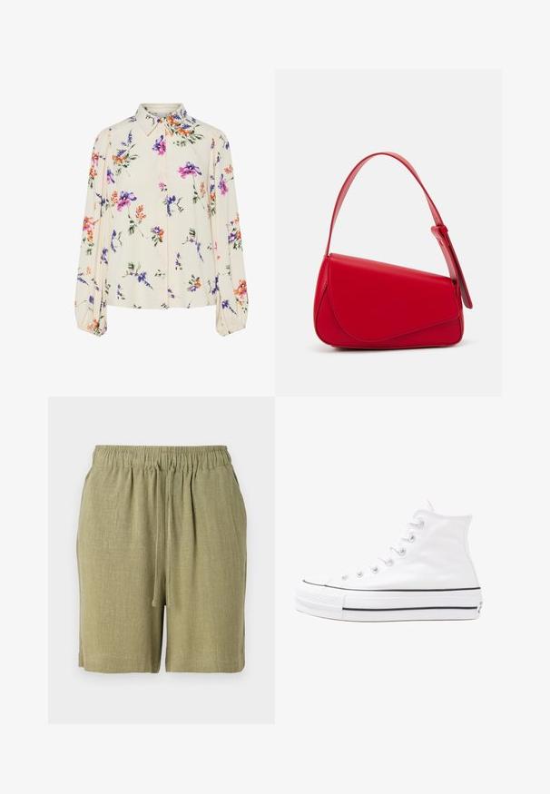 Floral blouse with long puff sleeves, light cream base, featuring purple, orange, and green floral patterns, and classic collar design.; Olive green shorts made from a textured, breathable fabric. Features an elastic waistband and drawstring for adjustable fit.; White high-top canvas sneaker with black rubber sole, front rubber toe cap, and six eyelets for laces, featuring a clean, minimalist design.; Red leather handbag with an angular, geometric design. Features a single adjustable strap and a flap closure with stitched detailing.