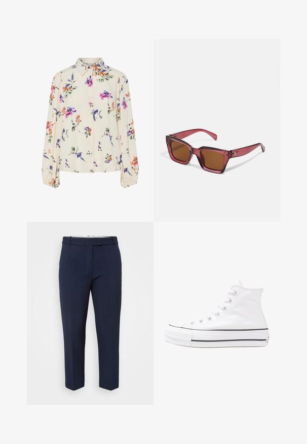 Kvetinová blúzka s dlhými puff rukávmi, svetlovo krémovej farby, so vzormi kvetov v purpurovej, oranžovej a zelenej farbe, a klasickým dizajnom goliera.; Námornícke modré upravené nohavice z hladkej látky, s plochým predným dizajnom, pútkami na opasok a rovnými nohavicami.; Biele vysoké plátené tenisky s čiernou gumovou podošvou, prednou gumovou špičkou a šiestimi okami na šnúrky, s čistým, minimalistickým dizajnom.; Červené štvorcové slnečné okuliare s hnedými sklami. Vyrobené z priehľadného plastu. Vyznačujú sa výrazným uhlovým dizajnom a jemným brandingom na strane.; Červená kožená kabelka s ostrým, geometrickým dizajnom. Má jeden nastaviteľný popruh a uzatváranie na klopu so šitím.