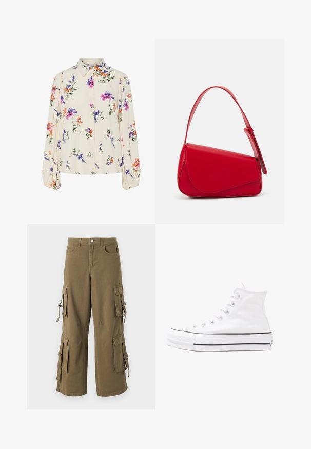 Bluzka w kwiaty z długimi bufkami, w jasnym kremowym kolorze, z fioletowymi, pomarańczowymi i zielonymi wzorami kwiatowymi oraz klasycznym kołnierzykiem.; Spodnie cargo w oliwkowym kolorze z bawełny. Posiadają wiele bocznych kieszeni, regulowane troki oraz luźny krój. Miękka faktura z przeszyciami.; Białe wysokie trampki z płótna z czarną gumową podeszwą, przednim czubkiem z gumy i sześcioma dziurkami na sznurowadła, charakteryzujące się prostym, minimalistycznym designem.; Czerwona skórzana torebka o kanciastym, geometrycznym designie. Posiada jedną regulowaną rączkę oraz zapięcie na klapę z przeszyciami.