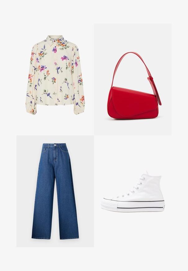 Blusa floral com mangas bufantes longas, base de creme claro, apresentando padrões florais em roxo, laranja e verde, e design de gola clássica.; Calças de ganga de perna larga em azul escuro, com uma cintura alta, fecho frontal por botão e design clássico de cinco bolsos. Textura suave, sem padrões.; Sapatilha alta de tela branca com sola de borracha preta, bico de borracha na frente e seis ilhós para os atacadores, apresentando um design limpo e minimalista.; Bolsa de mão em couro vermelho com um design angular e geométrico. Apresenta uma única alça ajustável e um fecho com aba, com detalhes cosidos.
