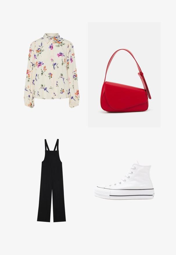 Blomstrete bluse med lange pufferm, lys kremfarge, med lilla, oransje og grønne blomster mønstre, og klassisk kragedesign.; Svarte seler laget av mykt stoff, med vide ben, to frontlommer og justerbare skulderstropper med knappdetaljer.; Hvit høy-skinn kanvas sneakers med svart gummisåle, gummitåhette foran og seks hull for snorer, med et rent, minimalistisk design.; Rød lærveske med en vinklet, geometrisk design. Har en enkelt justerbar stropp og en klaffelukking med sydd detaljer.