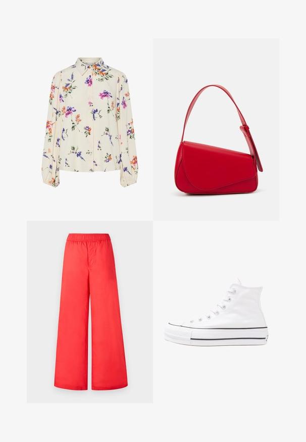 Cvjetna bluza s dugim napuhanim rukavima, svijetlo krem osnova, s ljubičastim, narančastim i zelenim cvjetnim uzorcima, te klasičnim dizajnom ovratnika.; Crvene široke hlače s elastičnim pojasom, koje imaju glatku teksturu i laganu tkaninu. Bez džepova ili vidljivih kopčanja.; Bijela visoka platnena tenisica s crnom gumenom potplatom, prednjim gumenim zaštitnikom prstiju i šest rupa za vezanje, s čistim, minimalističkim dizajnom.; Crvena kožna torba s kutnim, geometrijskim dizajnom. Ima jedan podesivi remen i preklopni zatvarač sa šivenim detaljima.