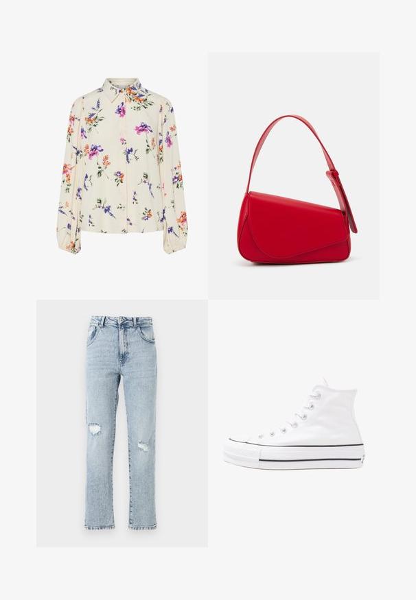 Cvetna bluzica z dolgimi puff rokavi, svetlo smetanaste barve, s purpurnimi, oranžnimi in zelenimi cvetličnimi vzorci ter klasičnim ovratnikom.; Svetlo modri traper hlače z udobnim krojem, ki imajo dva raztrgana kolena, pet žepov in raztrgan rob. Zapenjanje z gumbom in zadrgo.; Beli visoki platneni športni čevelj z črnim gumijastim podplatom, sprednjim gumijastim zaščitnikom za prste in šestimi luknjicami za vezalke, ki se ponaša s preprostim, minimalističnim dizajnom.; Rdeča usnjena torba z angularnim, geometrijskim dizajnom. Ima en samostoječ nastavljiv ročaj in pokrov, zaprt z zapiranjem, ki je okrašen s šivi.