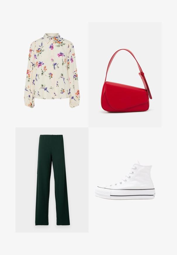 Ziedu blūze ar garām pūkām, gaiši krēmveida pamatne, ar purpursarkanām, oranžām un zaļām ziedu rakstiem, kā arī klasisko apkakles dizainu.; Tumši zaļi, viegli, elastīgi bikses ar jostu un platām kājām. Izgatavotas no gluda auduma bez redzamām rakstu vai aparatūras detaļām.; Balti augstie kanvas sporta apavi ar melnu gumijas zoli, priekšējo gumijas purngalu un sešām acīm lencēm, kuriem ir tīrs, minimālistisks dizains.; Sarkans ādas rokassomi ar stūrainu, ģeometrisku dizainu. Iekļauj vienu regulējamu siksnu un vāku ar izšūtu detaļu.