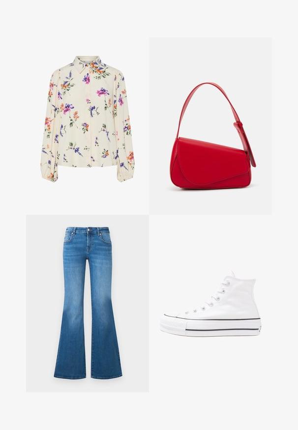 Blouse fleurie à manches bouffantes longues, base crème clair, ornée de motifs floraux violets, oranges et verts, avec un col classique.; Jean en denim bleu évasé avec une taille mi-haute, cinq poches et des détails décolorés sur les cuisses. Accents en métal argenté sur les boutons.; Baskets montantes en toile blanche avec semelle en caoutchouc noir, capuchon en caoutchouc à l'avant, et six œillets pour les lacets, présentant un design épuré et minimaliste.; Sac à main en cuir rouge avec un design angulaire et géométrique. Il dispose d'une seule sangle ajustable et d'une fermeture à rabat avec un detailing cousu.