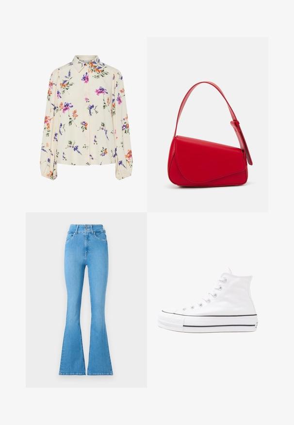 Blusa floral con mangas largas abullonadas, base color crema claro, con patrones florales en púrpura, naranja y verde, y diseño de cuello clásico.; Jeans de mezclilla azul claro de campana con cintura alta, que presentan un cierre de doble botón y detalles de costura sutiles. Textura suave en todo su diseño.; Zapatilla de lona alta blanca con suela de goma negra, puntera de goma frontal y seis ojetes para los cordones, que presenta un diseño limpio y minimalista.; Bolso de cuero rojo con un diseño angular y geométrico. Cuenta con una única correa ajustable y un cierre de solapa con detalles de costura.