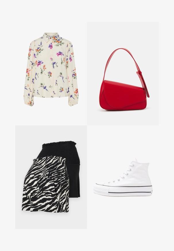 Blusa floral con mangas largas abullonadas, base color crema claro, con patrones florales en púrpura, naranja y verde, y diseño de cuello clásico.; Pantalones cortos en blanco y negro con capas, que presentan una cinturilla fruncida, un lado con patrón de cebra y el otro en tela negra sólida.; Zapatilla de lona alta blanca con suela de goma negra, puntera de goma frontal y seis ojetes para los cordones, que presenta un diseño limpio y minimalista.; Bolso de cuero rojo con un diseño angular y geométrico. Cuenta con una única correa ajustable y un cierre de solapa con detalles de costura.