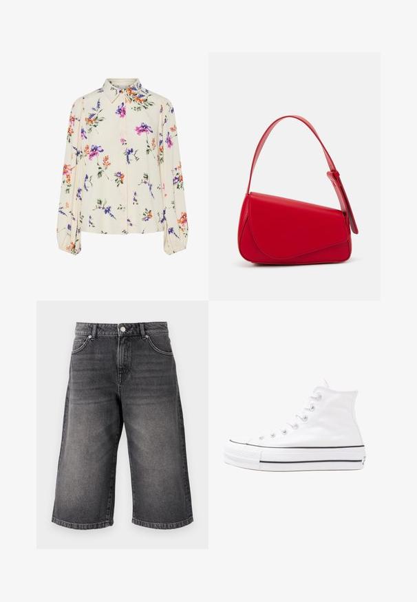 Ziedu blūze ar garām pūkām, gaiši krēmveida pamatne, ar purpursarkanām, oranžām un zaļām ziedu rakstiem, kā arī klasisko apkakles dizainu.; Melni džinsi šorti, brīvs piegriezums ar vidēju jostasvietu. Iespējotas piecas kabatas, metāla pogas aizdare un (maz) nolietota tekstūra, kas rada valkātas izskatu.; Balti augstie kanvas sporta apavi ar melnu gumijas zoli, priekšējo gumijas purngalu un sešām acīm lencēm, kuriem ir tīrs, minimālistisks dizains.; Sarkans ādas rokassomi ar stūrainu, ģeometrisku dizainu. Iekļauj vienu regulējamu siksnu un vāku ar izšūtu detaļu.