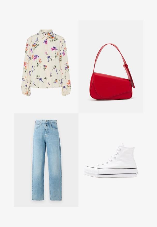 Ziedu blūze ar garām pūkām, gaiši krēmveida pamatne, ar purpursarkanām, oranžām un zaļām ziedu rakstiem, kā arī klasisko apkakles dizainu.; Gaiši zili, platleņķa džinsi ar augstu jostasvietu, klasisko piecu kabatu dizainu un viegli izbalējušu struktūru. Metāla pogu aizdare.; Balti augstie kanvas sporta apavi ar melnu gumijas zoli, priekšējo gumijas purngalu un sešām acīm lencēm, kuriem ir tīrs, minimālistisks dizains.; Sarkans ādas rokassomi ar stūrainu, ģeometrisku dizainu. Iekļauj vienu regulējamu siksnu un vāku ar izšūtu detaļu.