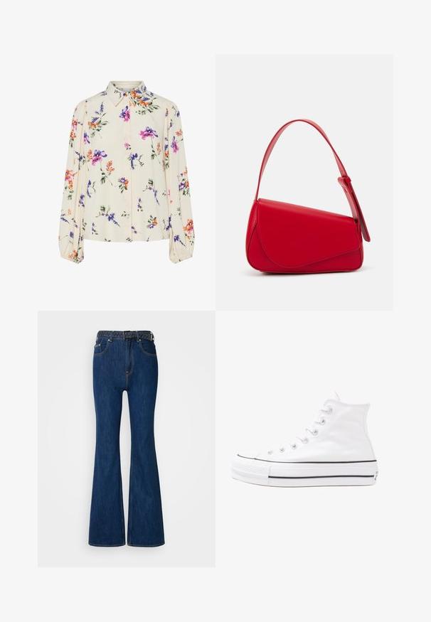 Kvetinová blúzka s dlhými puff rukávmi, svetlovo krémovej farby, so vzormi kvetov v purpurovej, oranžovej a zelenej farbe, a klasickým dizajnom goliera.; Modré džíny s rozšírenými nohavicami a vysokým pásom, kontrastným prešívaním a tkaným opaskom s pleteným dizajnom. Hladká textúra a klasický štýl.; Biele vysoké plátené tenisky s čiernou gumovou podošvou, prednou gumovou špičkou a šiestimi okami na šnúrky, s čistým, minimalistickým dizajnom.; Červená kožená kabelka s ostrým, geometrickým dizajnom. Má jeden nastaviteľný popruh a uzatváranie na klopu so šitím.