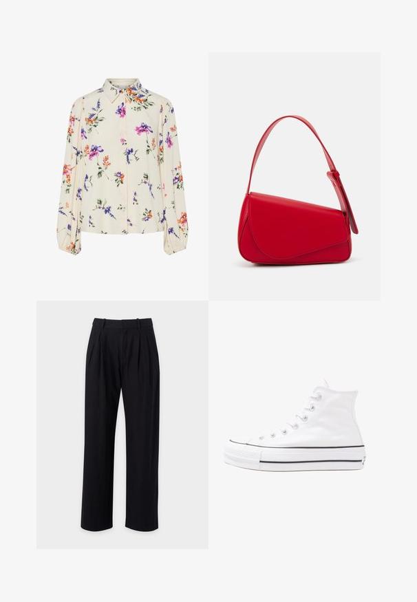 Floral blouse with long puff sleeves, light cream base, featuring purple, orange, and green floral patterns, and classic collar design.; Black trousers with a straight-leg design, featuring pleats at the front, a smooth texture, and a classic waistband for a tailored look.; White high-top canvas sneaker with black rubber sole, front rubber toe cap, and six eyelets for laces, featuring a clean, minimalist design.; Red leather handbag with an angular, geometric design. Features a single adjustable strap and a flap closure with stitched detailing.
