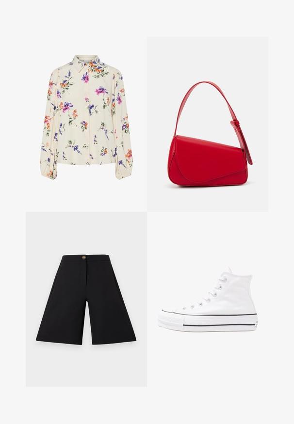 Blomsterbluse med lange puffærmer, lys cremefarvet base, prydet med lilla, orange og grønne blomster mønstre samt klassisk krave design.; Sorte bredbenede shorts med en glat tekstur, frontknaplukning og rene linjer. Designet uden lommer for et slankt udseende.; Hvide høje kanvas sneakers med sort gummisål, gummitåhætte foran og seks øjehuller til snørebånd, der har et rent, minimalistisk design.; Rød læderhåndtaske med et kantet, geometrisk design. Har en enkelt justerbar rem og en klaplukning med syede detaljer.