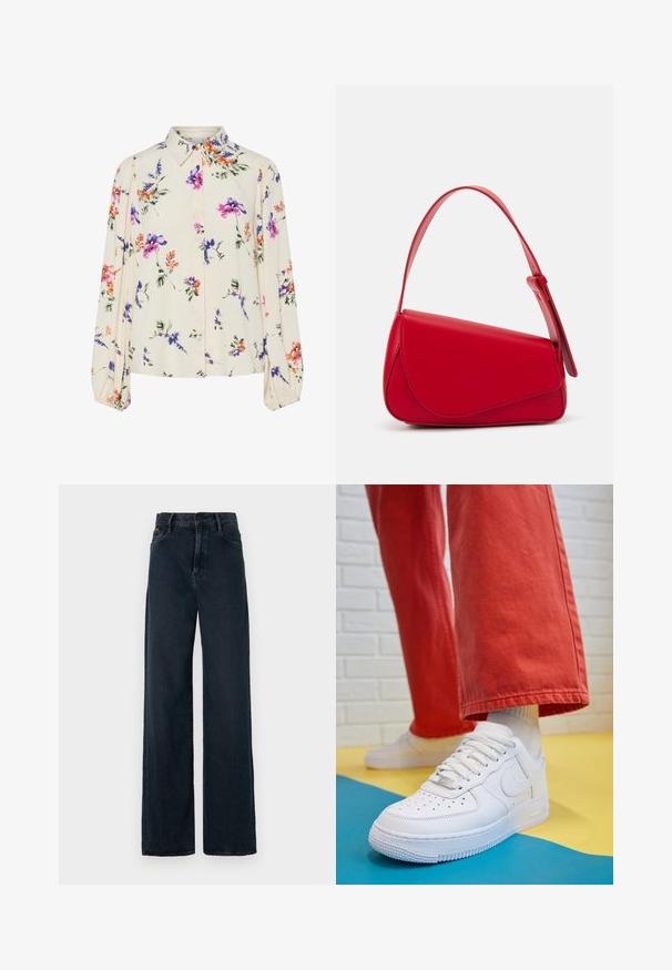 Ziedu blūze ar garām pūkām, gaiši krēmveida pamatne, ar purpursarkanām, oranžām un zaļām ziedu rakstiem, kā arī klasisko apkakles dizainu.; Tumši zili plašu kāju džinsi, kas izgatavoti no denima, ar augstu jostasvietu, jostas cilpām un priekšējiem kabatām. Audumam ir gluda tekstūra.; Baltās ādas kedas ar perforētu purngalu, teksturētu zoli un baltām auklām, apvienotas ar platām sarkanām biksēm un zilu un dzeltenu fona.; Sarkans ādas rokassomi ar stūrainu, ģeometrisku dizainu. Iekļauj vienu regulējamu siksnu un vāku ar izšūtu detaļu.